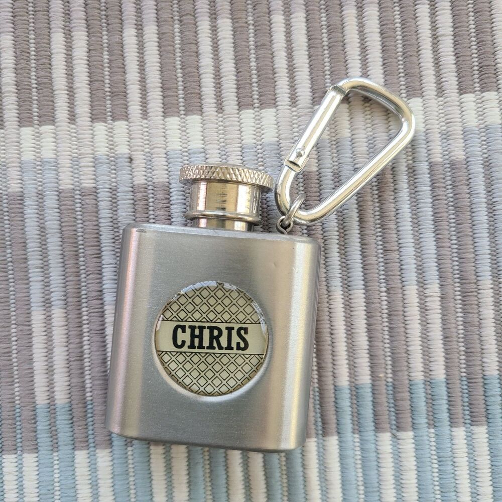 NWOT Personalized "CHRIS" Mini Novelty Flask Keychain Carabiner Clip Screw Cap
